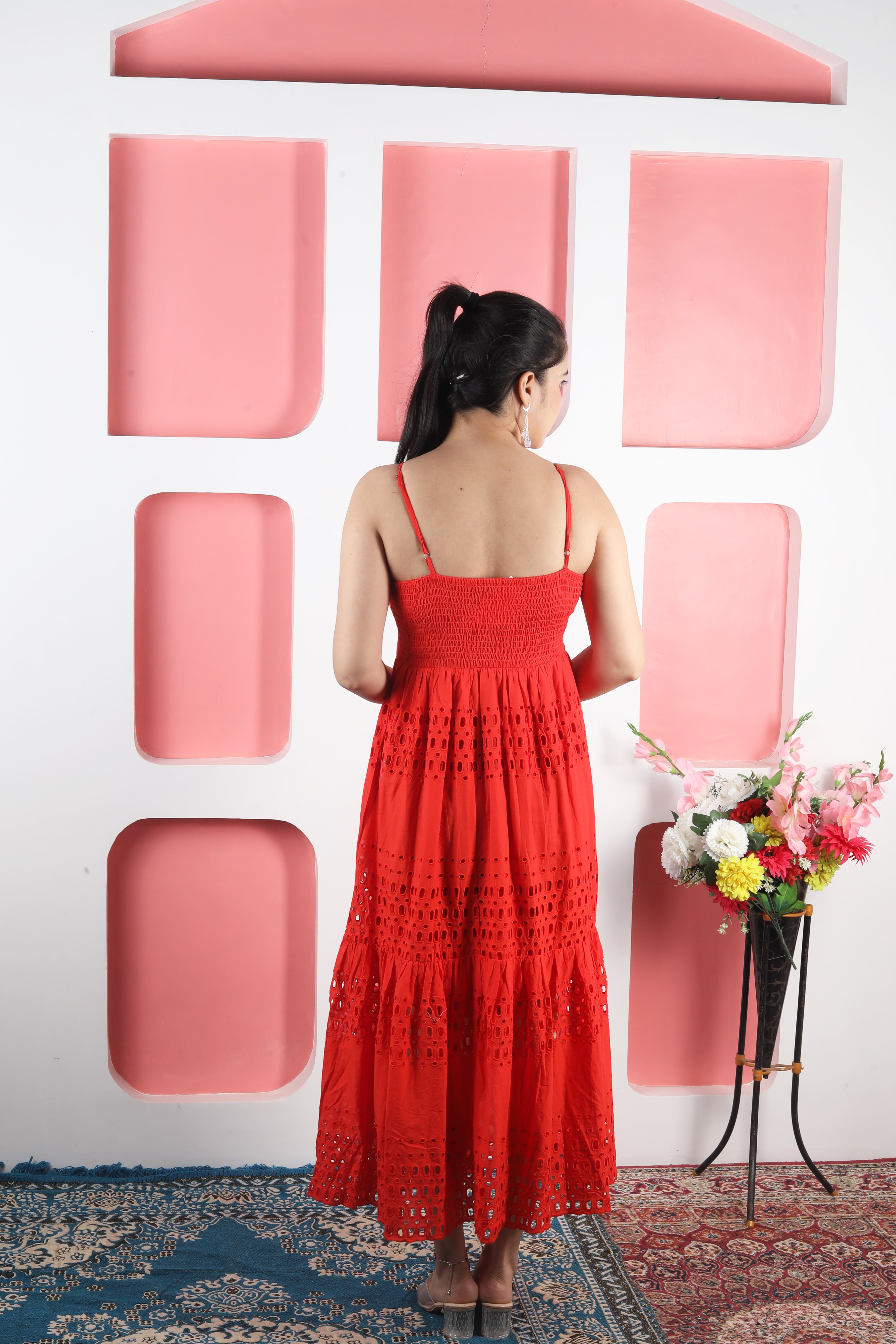 Chikan sleeveless Dress - Red