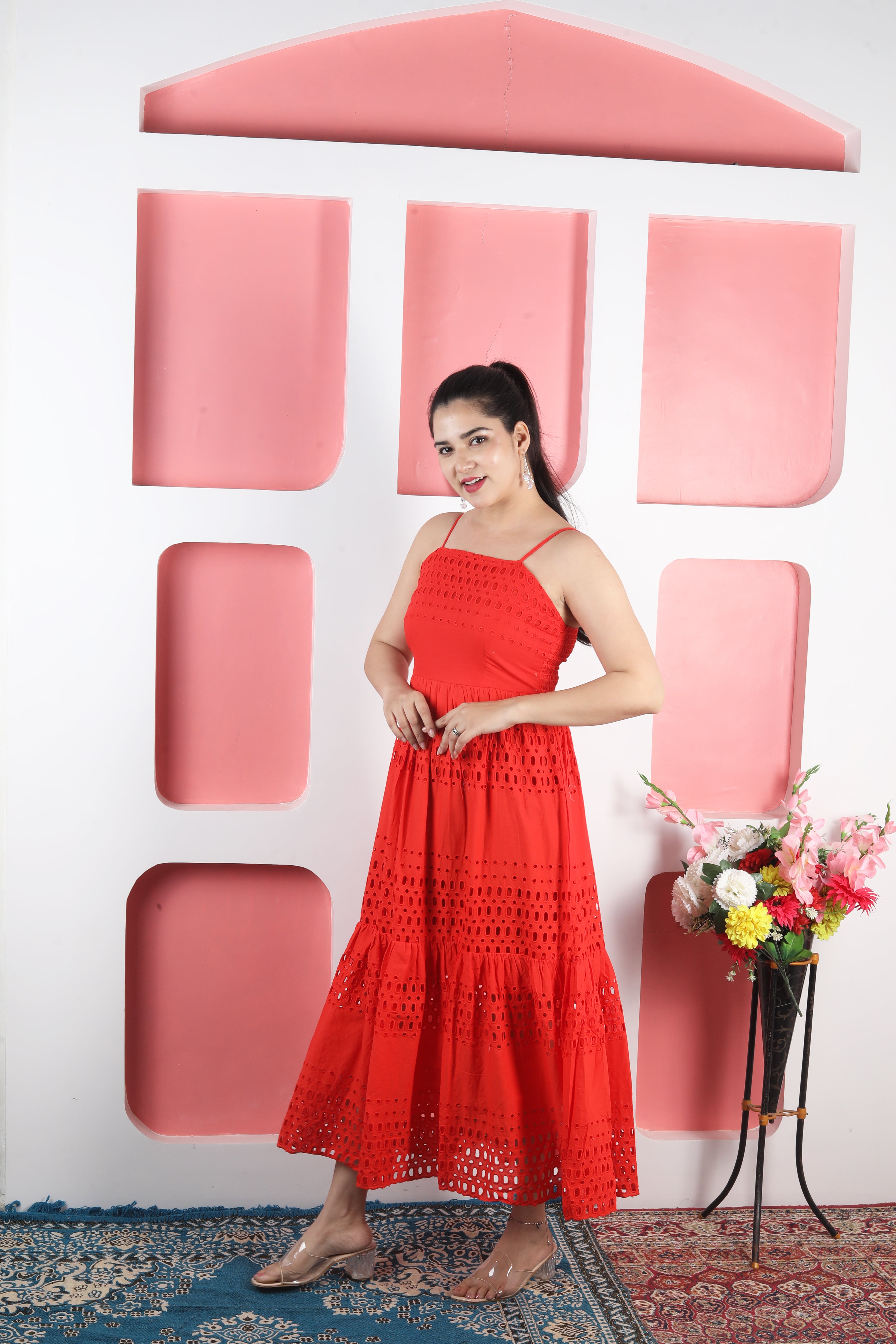Chikan sleeveless Dress - Red