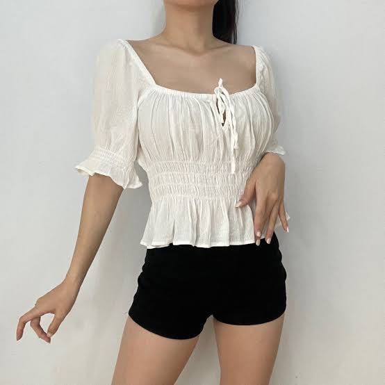 H&M White Puff Sleeves Peplum Blouse Babydoll Elastic Ruched Top Beach Wear