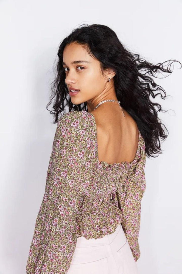 H&M Frill Trimmed Blouse Printed Floral Long Sleeve Crop Top