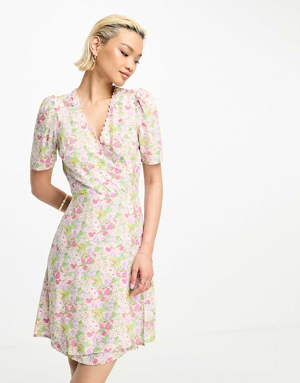 & Other Stories tie detail wrap mini dress in pink floral