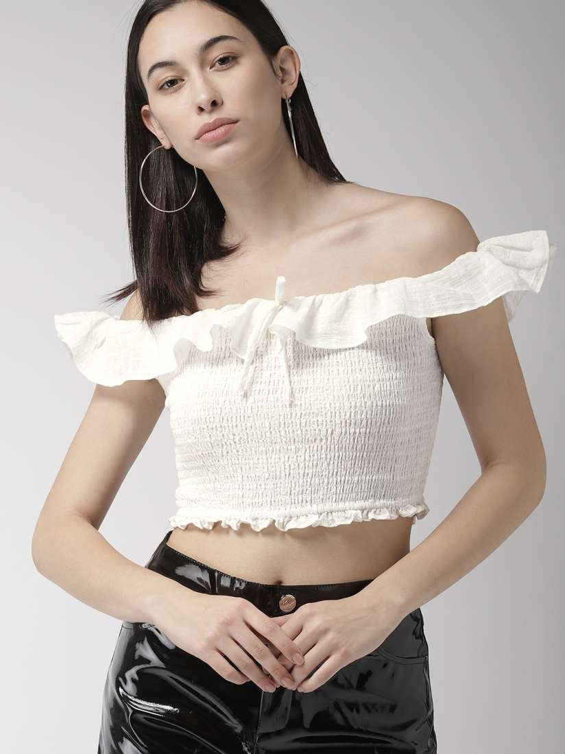 FOREVER 21 Women White Solid Bardot Crop Pure Cotton Top