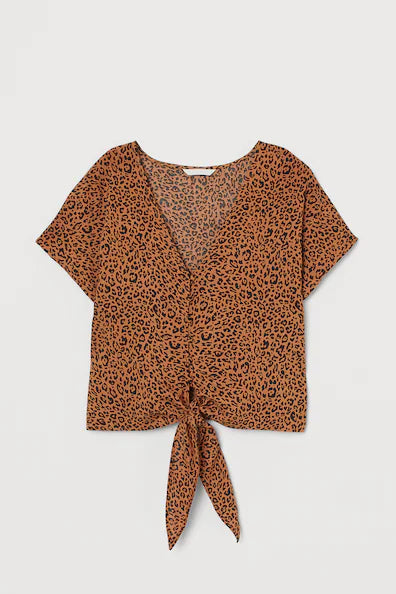 V-neck Tie-hem Blouse - V-neck - Short sleeve - Dark beige/leopard print