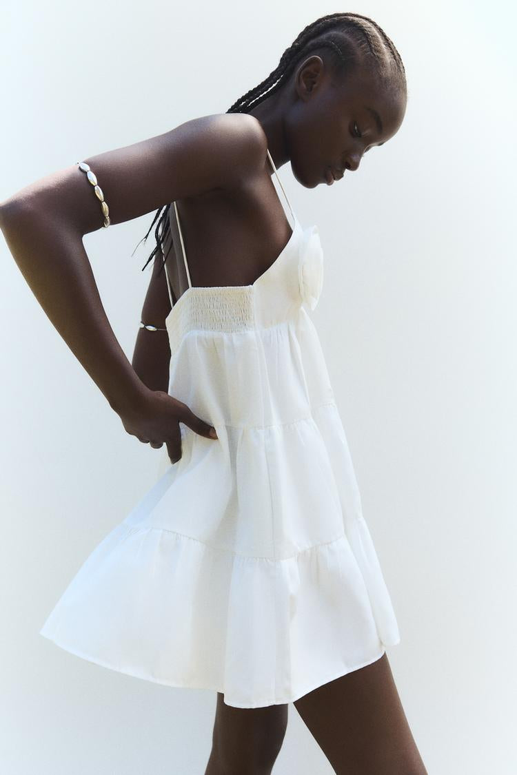 POPLIN DRESS WITH TEXTURED FLOWERS - White