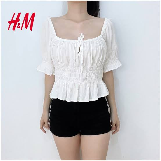 H&M White Puff Sleeves Peplum Blouse Babydoll Elastic Ruched Top Beach Wear