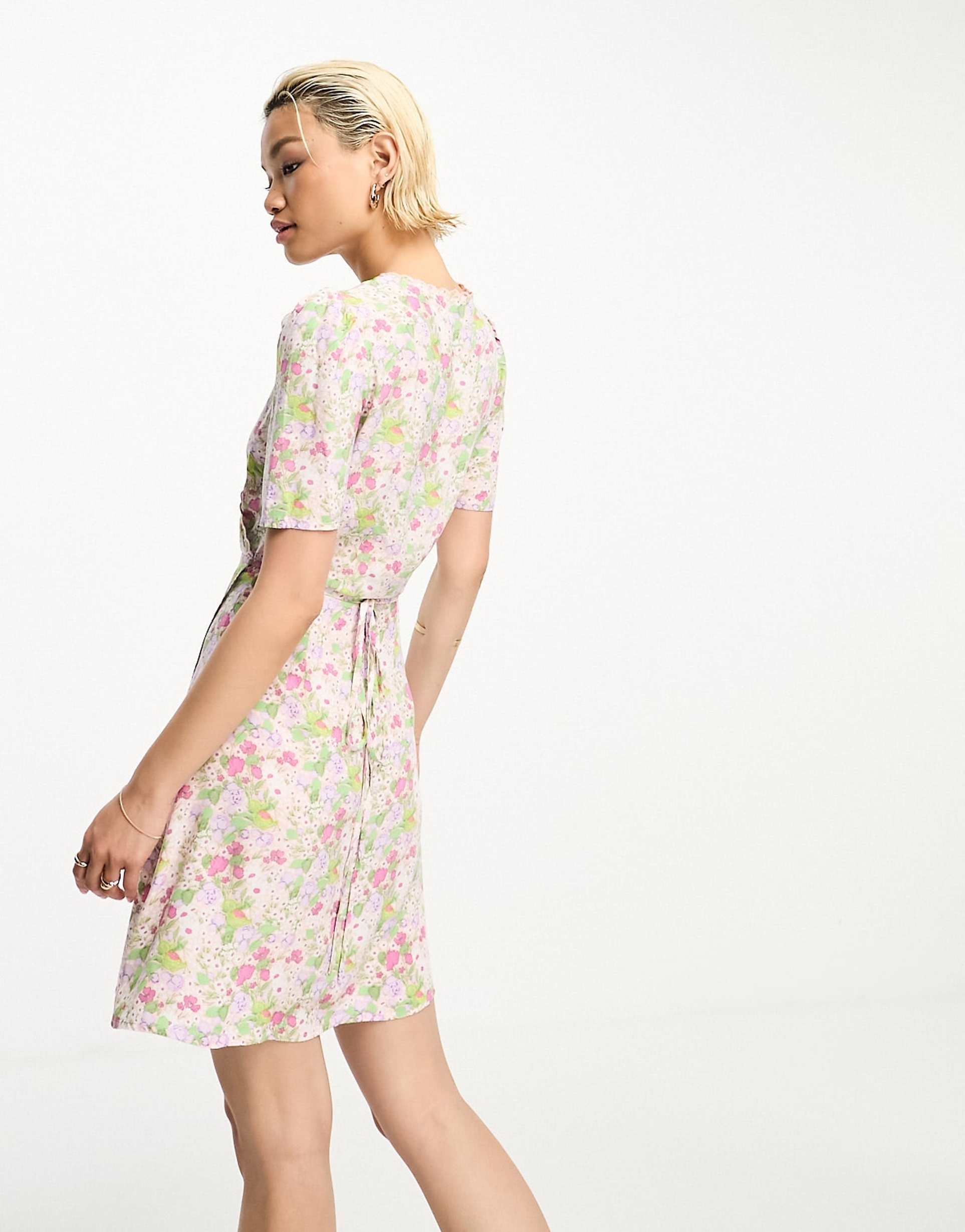 & Other Stories tie detail wrap mini dress in pink floral