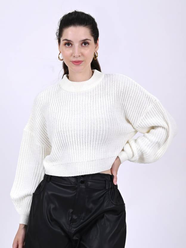 Women White Crew Neck Sweater